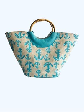 Nautical Anchor Print Tote Bag in Turquoise wood wrapped handles NWOT